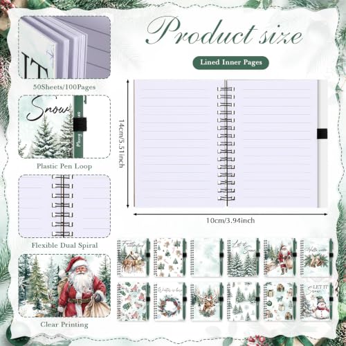 Resurhang 48 Pcs/24 Sets Gift Set for Christmas Notebooks with Pens for Students 24 Christmas Spiral Pocket Notepads 24 Xmas Ballpoint Pens for Employee Coworkers Staff Teacher Classroom Gifts - style: Green Christmas