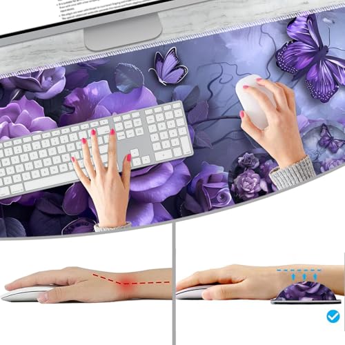 Extended Non-Slip Mouse Pad + Mouse Wrist Rest + Lace-Shaped Coaster Set, Ergonomic Design, Suitable for Desk and Home Gaming Table Mat, Purple Rose - color: Purple Rose
