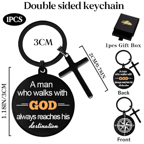 Christian Gifts Keychain for Men, Religious Baptism Gift Keychains for Birthday Christmas, A Man Who Walks With God Keyring - color: Black
