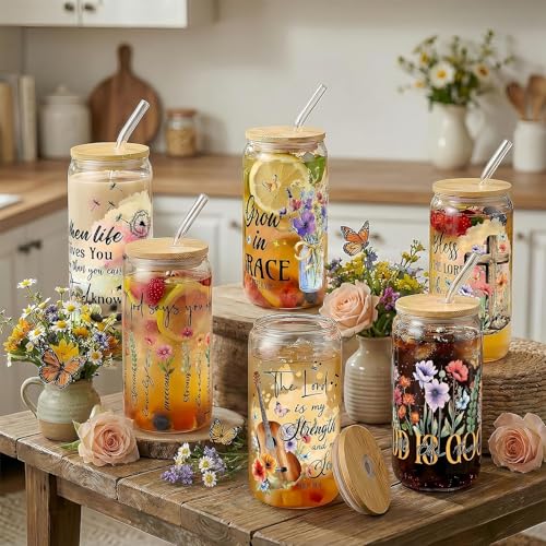 Glass Cups with Lids and Straws, 6Pack, 16oz, Christian - style: Christian
