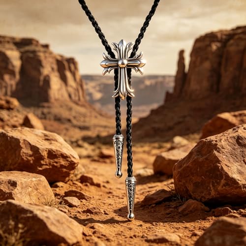 Fashionable Cross Bolo Tie Multi-Color Cross Shield Necktie - color: Retro Silver-style 2