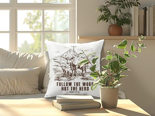 Vintage Mountain Christian Cow Calf Pillow Cover 18x18, Follow the Word Not the Herd Bible Verse Religious Decorative Throw Pillow Cover Case for Church Home Living Room Office
