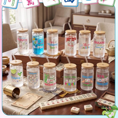 Teenyyou 12 Set of Mahjong Glass Cup with Bamboo Lid and Glass Straw 16oz Mahjong Glasses Jar Summer Drinking Cups Beer Iced Coffee Cup Tumbler Mugs for Women Men Birthday Party or Game Night Gifts - style: Mahjong