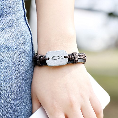 Sign of The Fish Men's Leather Wrap Bracelet Retro Braided Leather handmade Bracelet Adjustable for men - color: Black