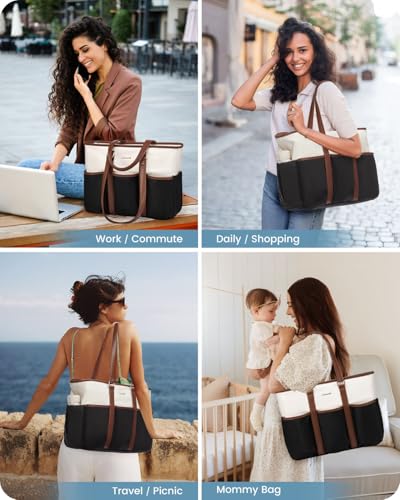 LOVEVOOK Teacher Tote Bag for Women Work, Nurse Laptop Bag for Women, Utility Everything Tote For Work/Travel/College/Daily, Professional Computer Purse Large Handbag With Multi Pockets - color: Black-beige-brown, size: 15.6 Inch