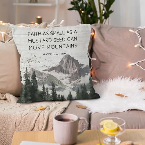 Inspirational Christian Mountain Throw Pillow Covers 18x18, Faith Can Move Mountains Motivational Bible Verse Decorative Pillow Covers for Home Bedroom, Religious Accent Pillows Cover Pillowcases - color: Multicolor
