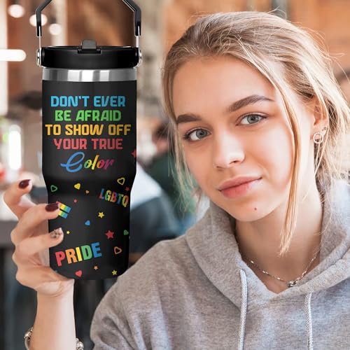 Rainbow Pride Flag Tumbler, Retro Be You Travel Mug, Gay Pride Cups Lesbian Gifts for Women Men, 30 Oz Stainless Steel Tumbler With Handle & Straw, LGBTQ Awareness Month Gifts - color: LGBTQ Awareness Tumbler-2