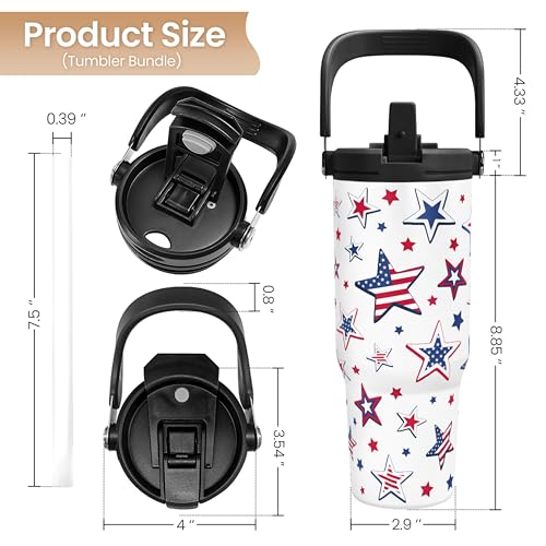 SANDJEST American Flag Star Tumbler with Handle 30oz, Stainless Steel Insulated Flip Straw Tumblers Coffee Travel Mug Cup, USA America Gifts for Women Girl for Birthday Christmas - color: Star