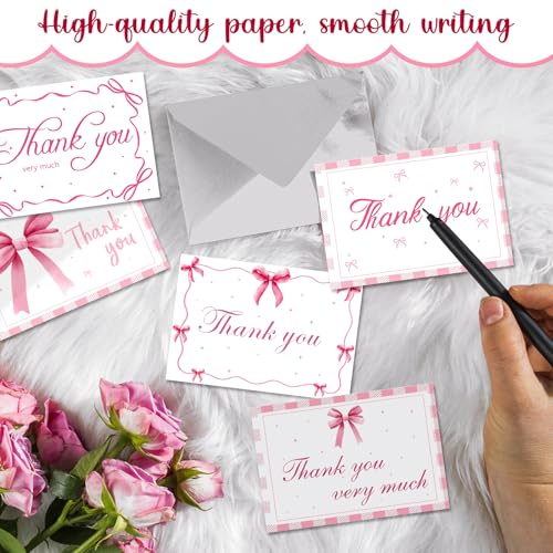 60 Pieces Pink Bow Thank You Cards with Envelopes Coquette Theme Thank You Cards with Bow Stickers for Wedding Bridal Baby Shower Birthday Party - color: Pink Bow