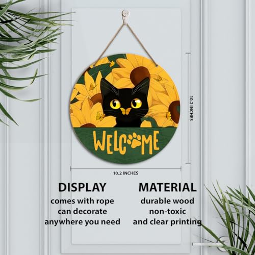 Black Cat Sunflower Summer Welcome Wood Hanging Sign Decorations for Home Office, Cute Cat Floral Butterfly Wooden Door Sign Wall Decor for Home Front Door Porch Yard Patio - color: Summer Welcome09