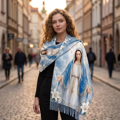The Virgin Mary Bible Verse Shawls for Women, Catholic Christian Blanket Scarf Gifts or Mom Teacher Christmas - color: Light Blue