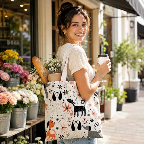 Canvas Tote Bag Aesthetic for Women, Cute Tote Bag with Zipper Pocket, Heavy Duty Reusable Shopping Bags for Grocery - color: 03-cute Dogs
