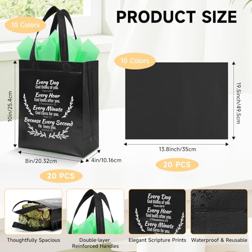 LUAVIARU 40 Pcs Bible Verse Christian Gift Bags Set – 20 Black Reusable Gift Bag with Handles & 20 Tissue Paper, Religious Gift Bag for Church Events, Baptism, Easter, Communion, Congratulations - color: Black, size: 20