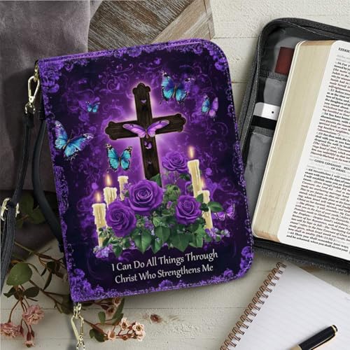 Bible Cover for Women Men with Bookmark and Shoulder Strap Large Leather Bible Case Vintage Bibles Protector - color: Cross Butterfly Rose, size: X-Large