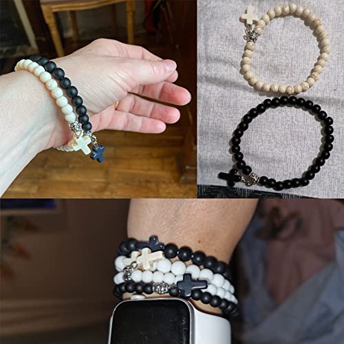 Softones 6mm Bead Cross Pendant Bracelet for Women Healing Stone Stretch Prayer Bracelet for Women,with Gift Box - color: Onyx