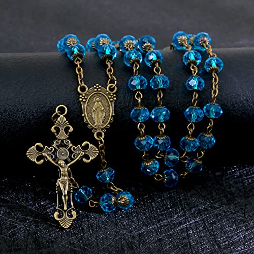 KOMI Rosary Beads Catholic for Women Gemstone Rosary Beads Necklace with Crucifix Cross Crystal Pearl Rosary Rosarios Catolicos Catholic Gifts - style: 8mm Blue Crystal Beads