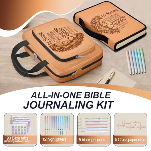 Brown Lion Large Bible Cover Case for Men, Bible Bag Carrying Case with Strap & Handle Zipper Pocket, Bible Study Supplies Journaling Kit with Pens Highlighters Tabs Christian Gift - color: Lion