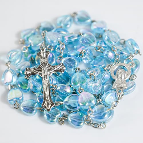 Rosary Beads Catholic for Women - Pearl Beads with Classic Cross, Virgin Mary Zippered Prayer Box, First Communion Gifts, Baptism Confirmation Jewelry - color: Heart of Mary-Blue