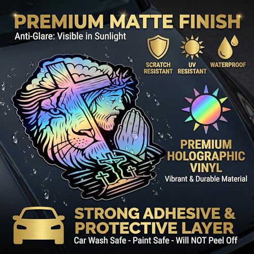 Premium Holographic Lion of Judah Cross Car Decal - Jesus Praying Christian Bumper Sticker - Waterproof Matte Vinyl Religious Faith - style: Lion and Cross