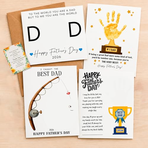 Pack 4 Fathers Day Crafts for Kids, Best Dad Ever Hands Down Handprint Craft, Fathers Day Personalized Gifts from Kids, Cute DIY Father’s Day Handprint Cards, Meaningful Birthday Gift for Dad - color: Card Dad Handprint