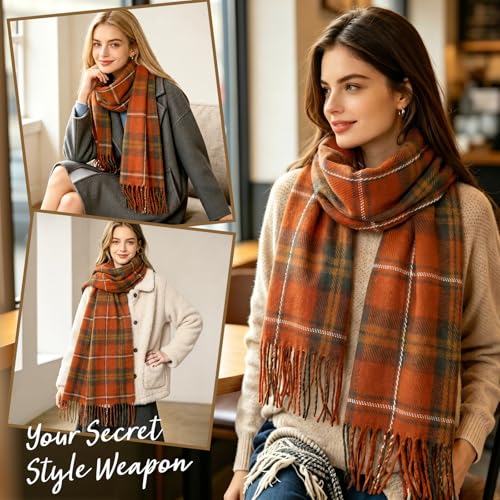 Loritta Winter Scarf for Women, Long Plaid Shawl Wraps Scarves Gifts - color: U-orange Dark Green Lattice