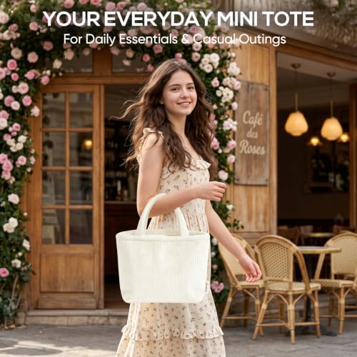 Sminra Small Bible Tote Bag for Women, Corduroy or Quilted Mini Tote Bag - color: Cream White
