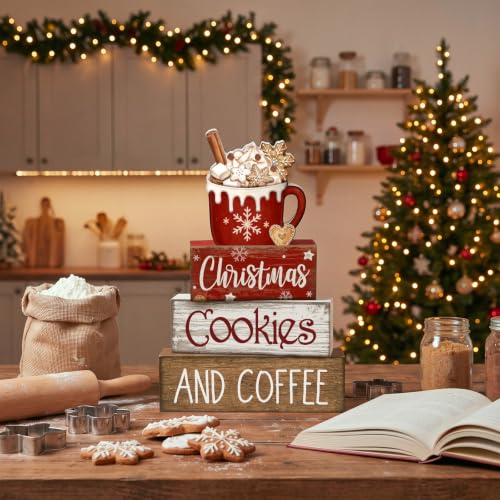 Lineshading 4 Pcs Christmas Coffee Table Decor, Hot Cocoa Wood Block Signs - style: Christmas Cookies and Coffee
