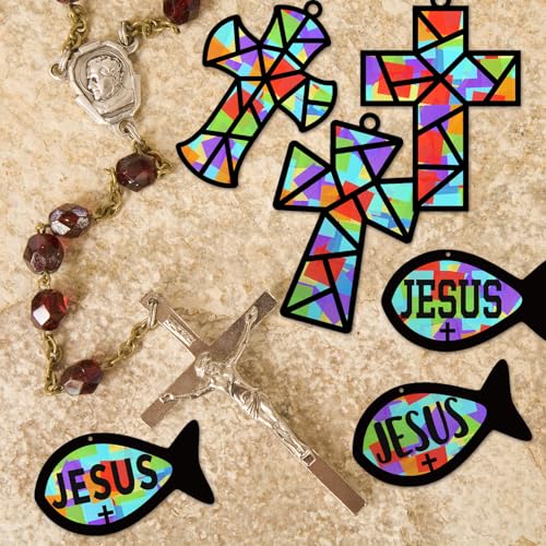 Sinload 24 Sets Religious Cross Fish Crafts Christian Suncatcher Kit - style: Fish,Cross
