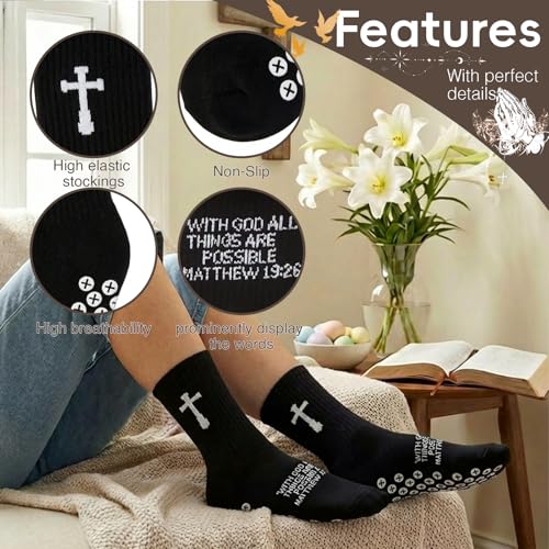 3 Pair Grip Christian Soccer Socks,Easter,Christmas Gift for Men - color: Matthew 19:26 - Black