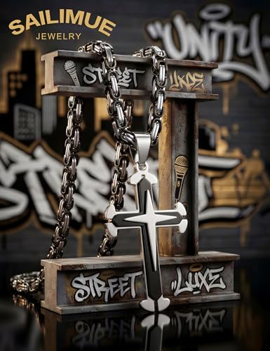 sailimue Stainless Steel Byzantine Cross Necklace for Men 22-30 inch - color: Black, size: 22 in=56 cm (Men's Average Length)