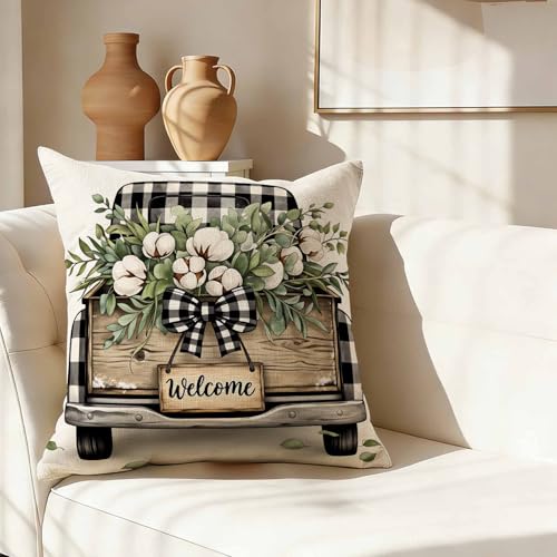 Rustic Fall Throw Pillow Cover,Black and White Plaid Truck with Eucalyptus Leaves Decorative Pillow Case,Farmhouse Welcome Sign Cotton Linen Cushion Case for Home Decor 18 * 18 Inch - color: Settype06