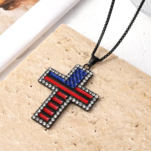 American Flag Cross Pendant Necklace, Silver-Tone, Stars and Stripes, Patriotic Religious Jewelry,for a gift box - color: Black1