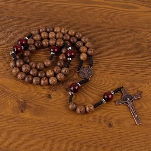 Nazareth Store Classic 10mm Solid Wood Rosary Beads Necklace for Men Olive & Dark Red Wooden Strong Rugged Corded Catholic Rosary with St.Benedict Medal & Cross Crucifix - color: Olive & Dark Red Wood, style: St. Benedict