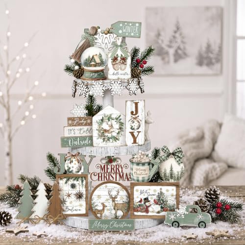 Vercraft Christmas Tiered Tray Decor Xmas Wooden Table Decor, Neutral - style: Neutral Christmas