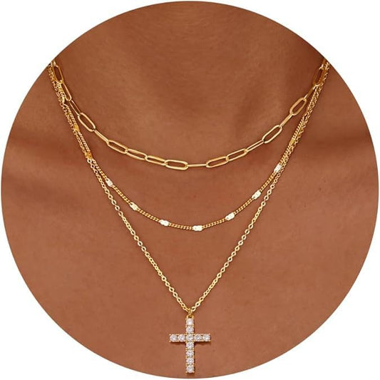 Clover Necklace Dainty Hollow 4 Leaf Choker Necklaces Tiny Cute Pendant Necklaces for Women 18K Gold Plated Lucky Four Leaf Pendant Jewelry - style: 3 layer-bling cross