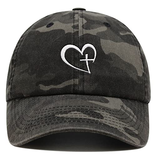 JPAK Heart and Cross Premium Dad Hat Embroidered Cotton Baseball Cap Christian Faith - color: Black Camo