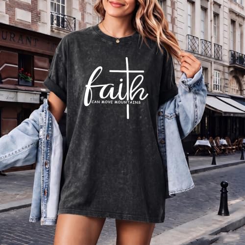 Christian Shirts for Women Faith Can Move Mountains Acid Wash Graphic Shirt Jesus Religious Bible Verse Tee Tops - color: Black, size: X-Large