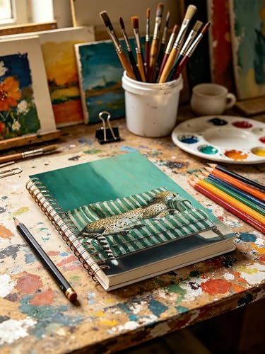 Green Leopard Notebook, Leopard Cheetah Gifts for Women Journal, Maximalist Sleeping Cheetah Aesthetic Hardcover Notebook Journal for Work Study 5.5x8.3 in - color: Green Leopard