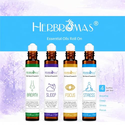 Aromatherapy Oils Roller Set, Natural Pre-diluted Essential Oils Roll On with Glass Rollerball, Relaxation Gift for Women & Men, Christmas Gift, Pack 4 x 0.33fl.oz - color: Sleep, Breath, Focus, Stress