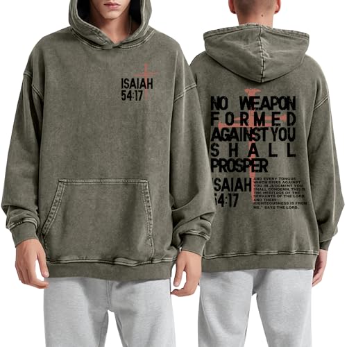 Christian Hoodies Men Jesus No Weapon Formed Against You Sweatshirts Faith God Oversized Acid Wash Graphic Pullover - color: Green, size: Medium