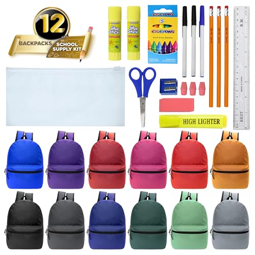 12 Pack 17" Bulk Backpacks with 22 Piece School Supplies Kits, 12 Colors - color: 12 Colors Asst, size: 22 Piece SS Kit