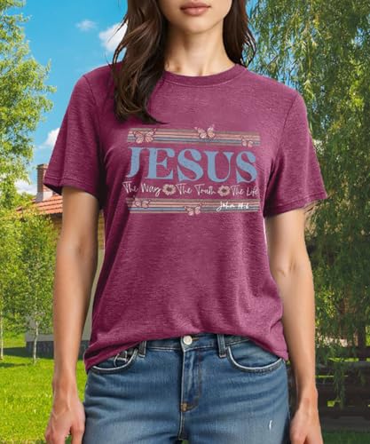 Womens Jesus Graphic Tee Bible Verse Shirts Christian Religious T Shirt Top - color: Purple-butterfly, size: Large
