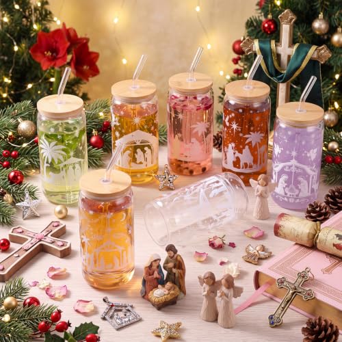 Fulmoon 6 Pcs 16 oz Nativity Scene Christmas Glass Cups with Lid and Straw - style: Christmas