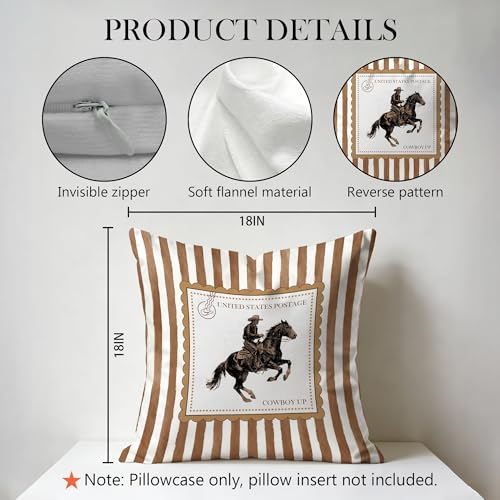 Western Cowboy Pillow Cover 18x18 Double-Sided, Cowboy Room Decor, Vintage Neutral Striped Southwestern Rodeo Decorative Pillowcase Throw Pillow Cover for Couch Bed - color: Color-4