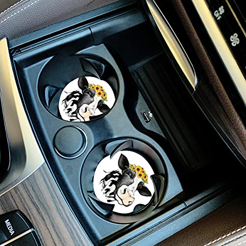 Car Coasters for Women Mother's Day 2 Pack Easter Decorations, Cute Farm Cow Animal 2.56" Absorbent Ceramic Coaster Car Accessories, Keep Cup Holders Clean and Dry, Easy Removal(Cute Cow & Sunflower) - color: Cute Cow