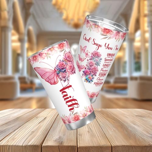 20 oz Religious Inspirational God Says You Are Tumbler with Lid, Faith Sign Sunflower Butterfly Stainless Steel Double Wall Cup for Hot Cold Coffee, Travel Mug Gifts for Women - color: Straw Three-piece Set 5