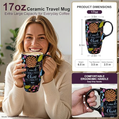 Topadorn 17oz Ceramic Travel Mug with Lid, Inspirational Coffee Mug - color: Flower