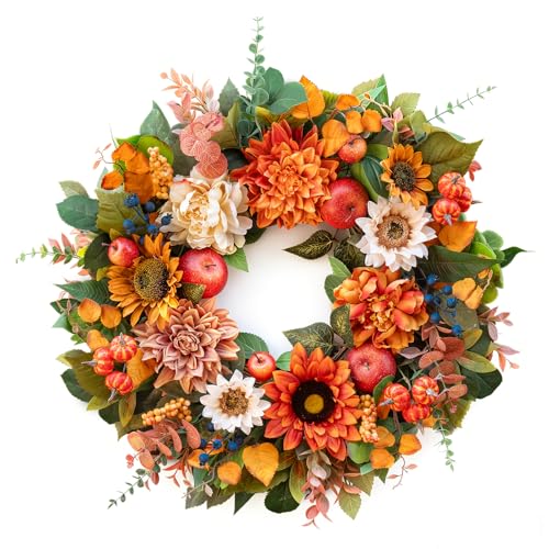 24 Inch Fall Wreaths for Front Door, Apple Wreath Artificial Autumn Wreath - color: Orange3