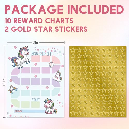 10 Reward Chart with 206 Golden Star Stickers-Rainbow Unicorn Theme- Incentive Chart, Chore Chart,Positive Behavior Routine Chart for Kids,Toddler Homework Assignments, Attendance(8X10")-Chart-A02 - color: Jlb 2