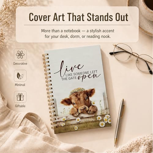 Farmhouse Highland Cow Spiral Notebook, Highland Cow Lover Gifts Journal, Live Like Someone Left the Gate Open Daisy Flower Heifer Hardcover Lined Notebook Journal, 5.5x8.3 Inch - color: pattern-22